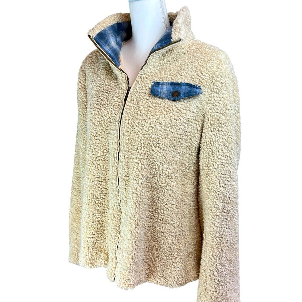 PENDLETON Ivory Fleece Full Zip Jacket Sz Large Wool Plaid‎ Lined Sherpa Coat